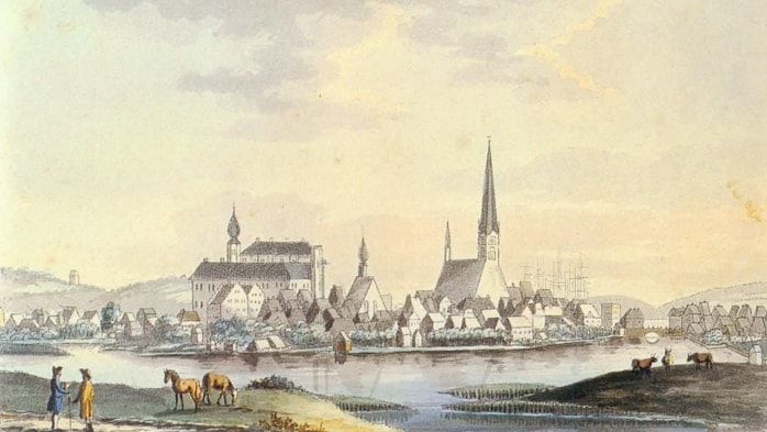 Kiel, Stadtansicht von West, um 1800. C.F.J. Bünsow (1745-1824)